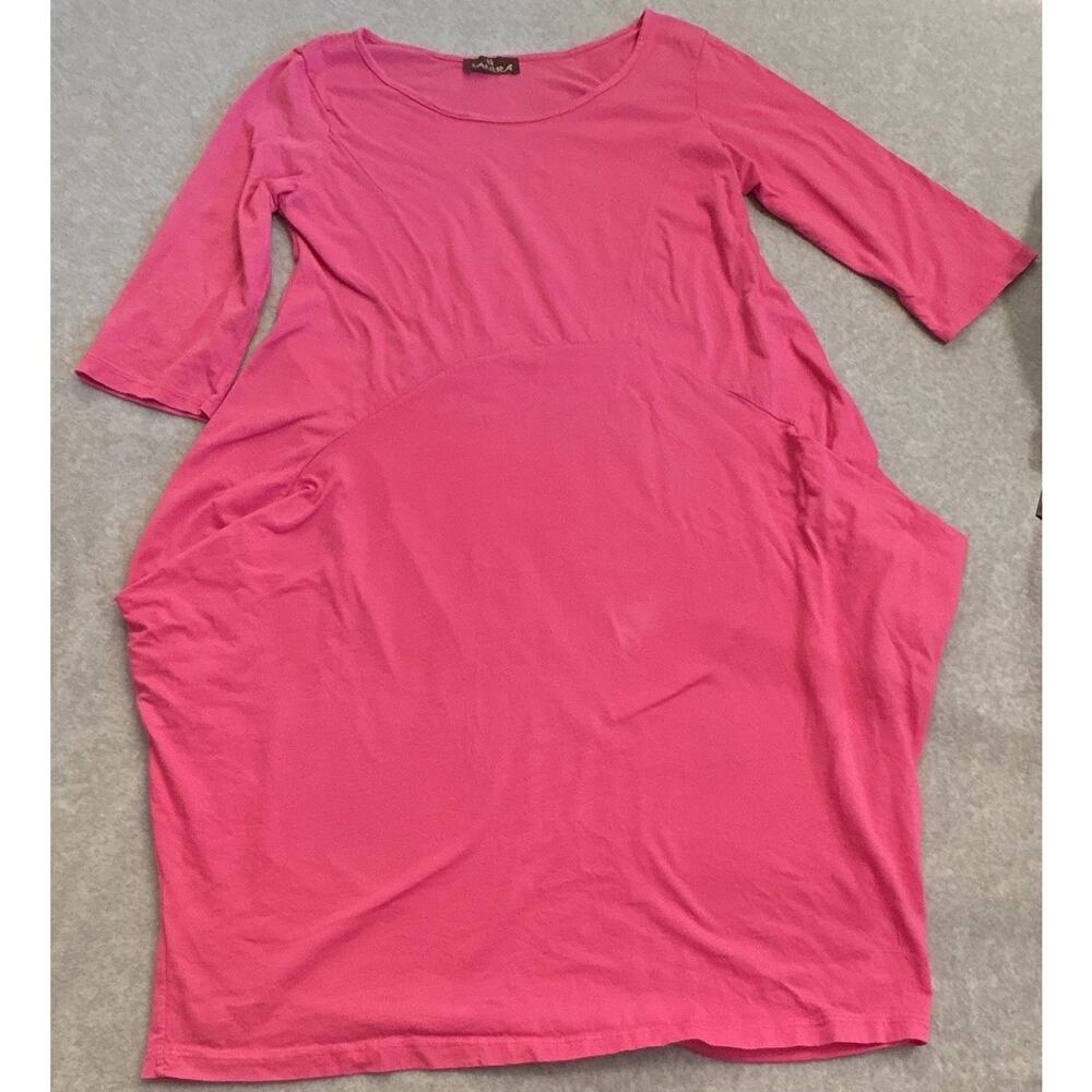 Tantra Pink Knit Cotton T-Shirt Dress Midi L Scoop Neck 3/4 Sleeve Pullover